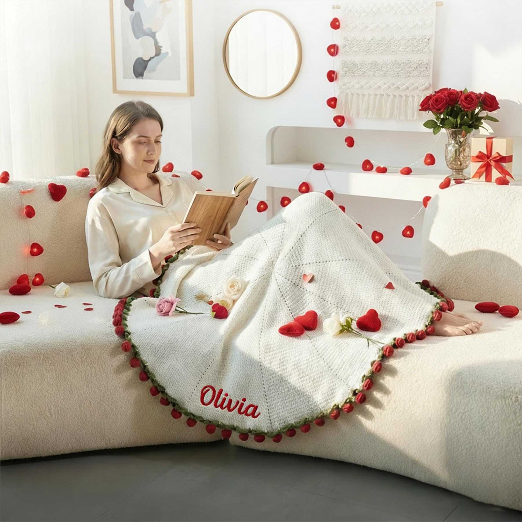 Personalized Embroidered Crochet Rose Bouquet Blanket For Unique & Love | JNSDec201