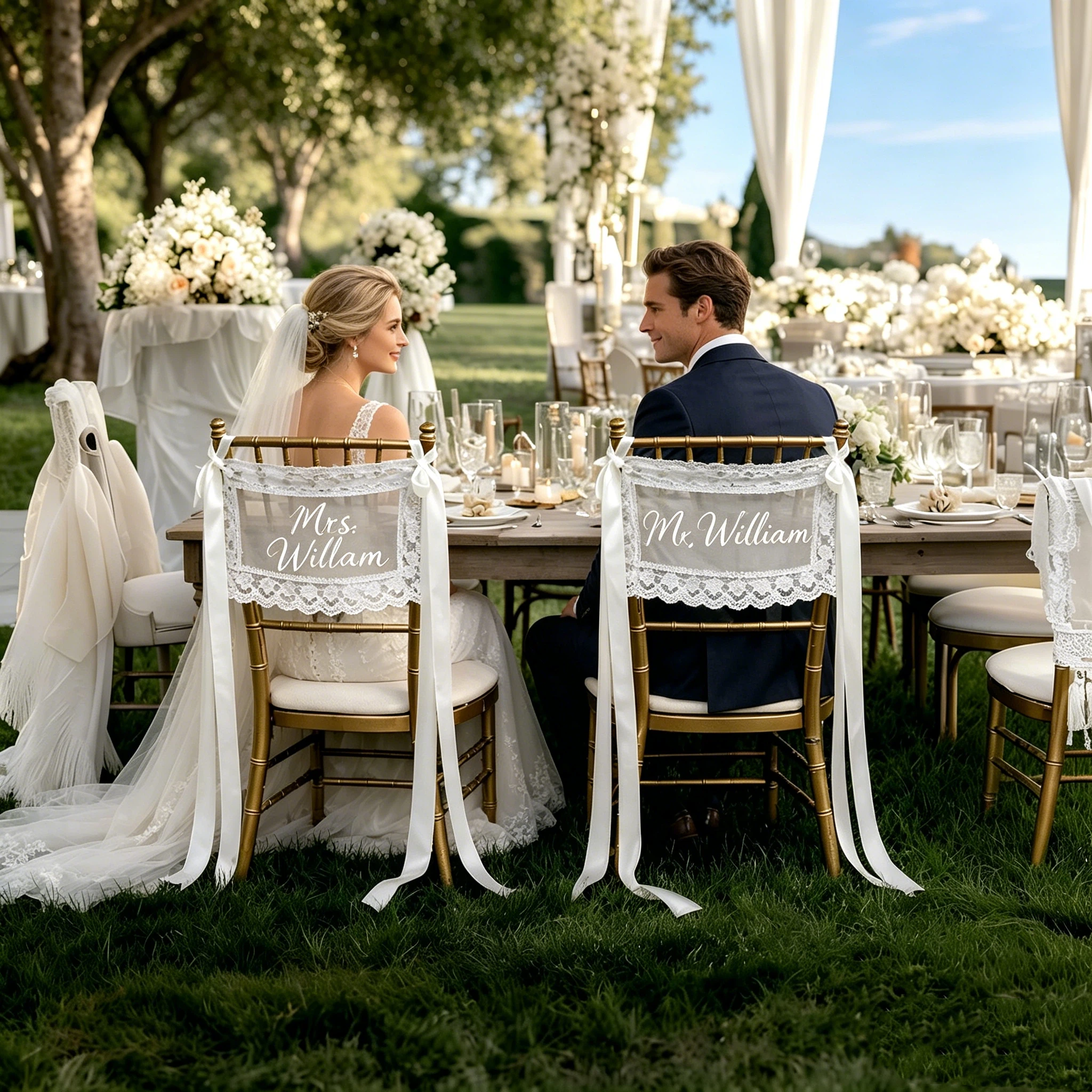 Personalized Just Married Lace Chair Covers Sign for Bride and Groom | JNSDec217