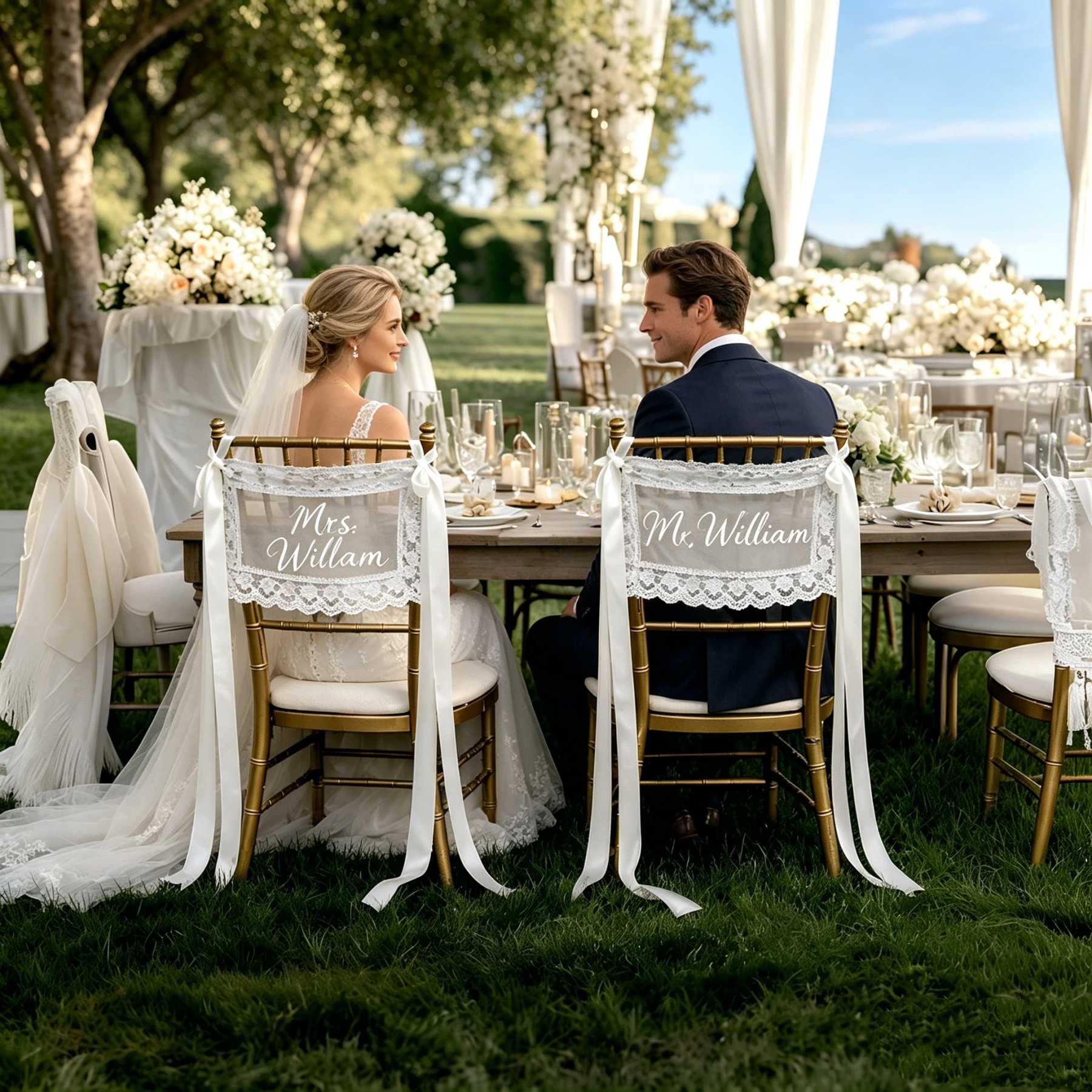 Personalized Just Married Lace Chair Covers Sign for Bride and Groom | JNSDec217