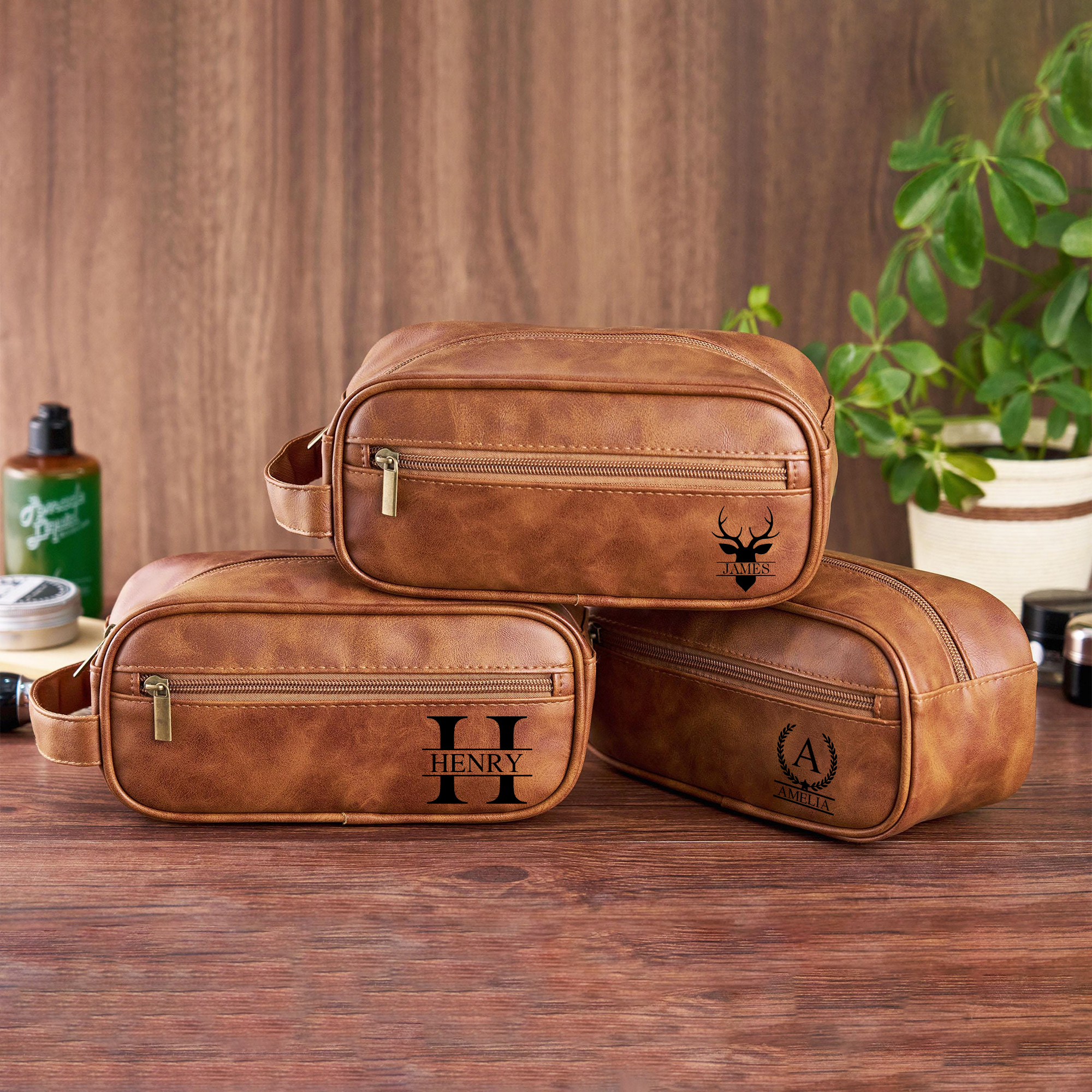 Personalized Leather Monogram Engraved Toiletry Bag for Unique & Love | JNSBag71