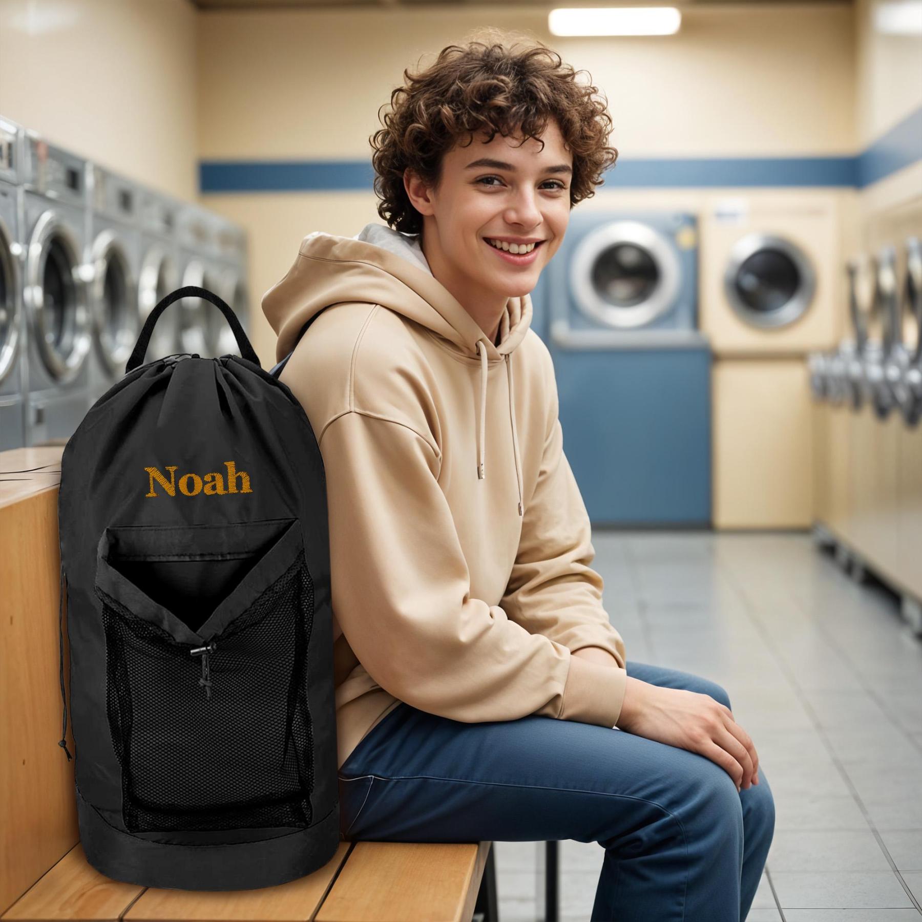 Personalized Name Embroidered Travel Laundry Bag with Shoulder Strap & Mesh Pocket | JNSBag99