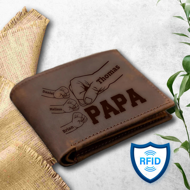 Personalized Fist Bump Dad Kids Name Leather Wallet for Unique & Love | JNSBag91
