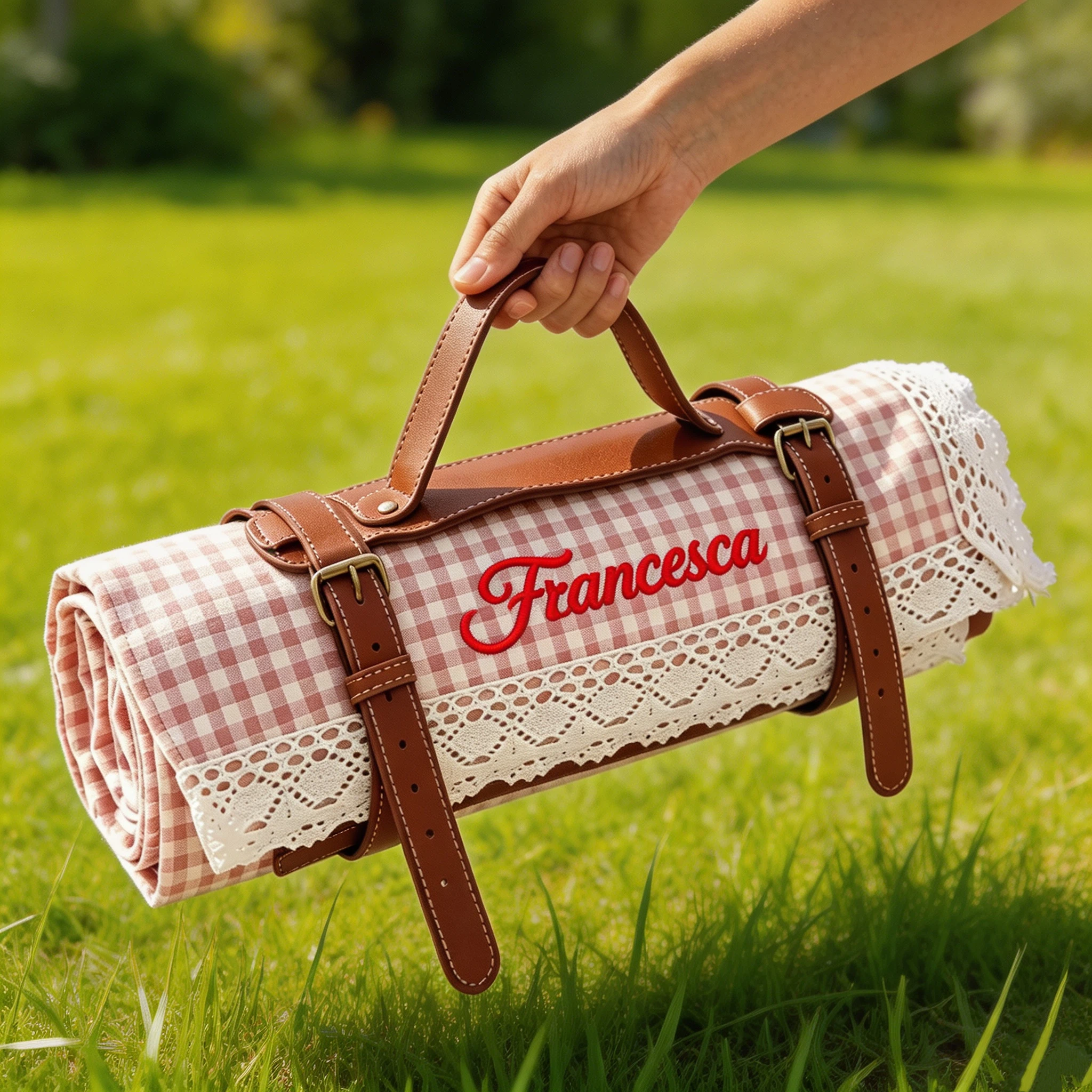 Personalized Name Embroidered Lace Gingham Picnic Blanket for Unique and Love | JNSDec226
