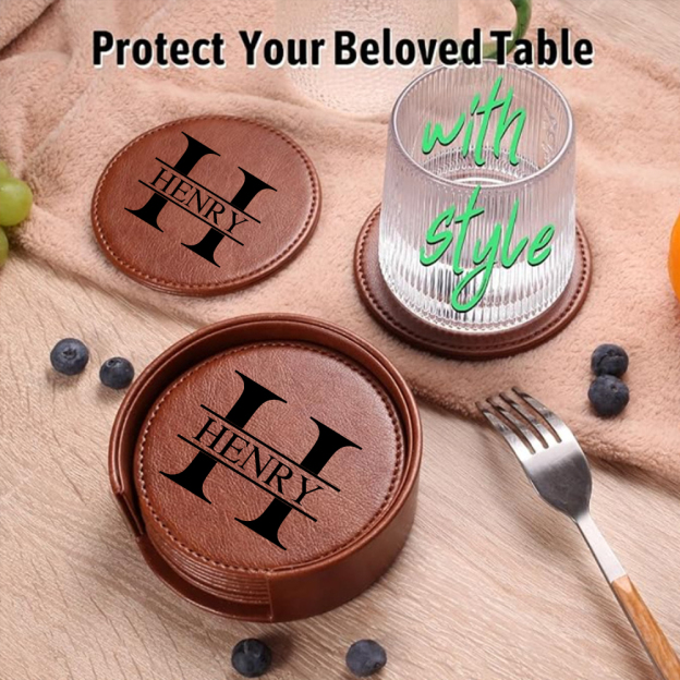 Personalized Leather Coasters Set with Holder | JNSDec106