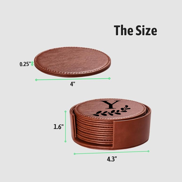 Personalized Leather Coasters Set with Holder | JNSDec106