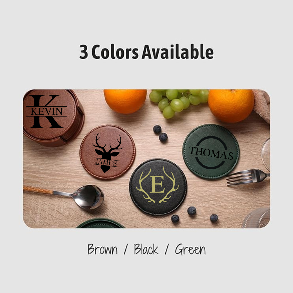Personalized Leather Coasters Set with Holder | JNSDec106