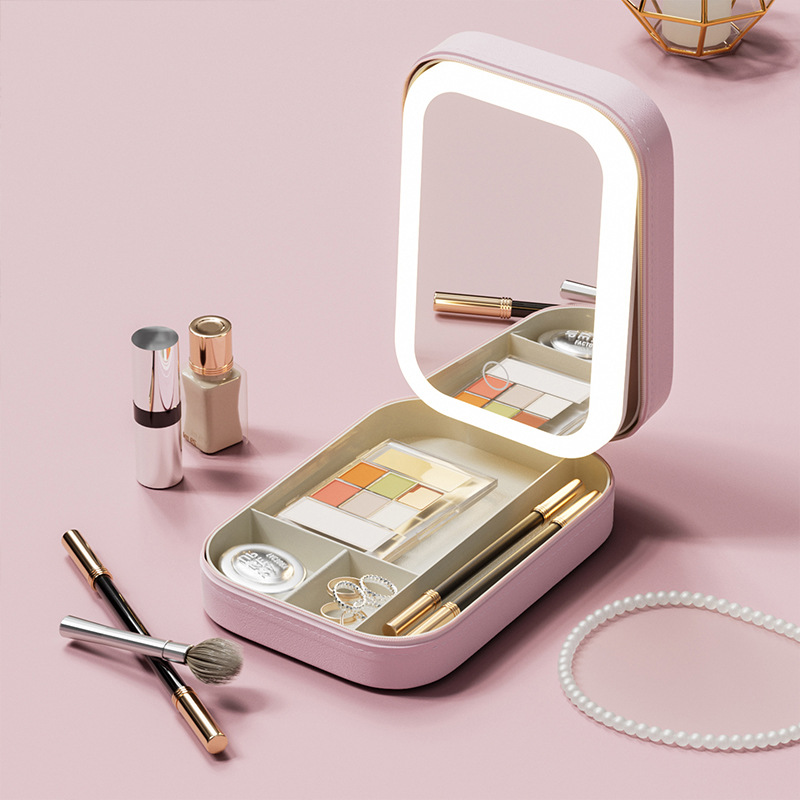 Personalized Birth Flower Leather Travel Jewelry Box with LED Makeup Mirror | JNSBag76