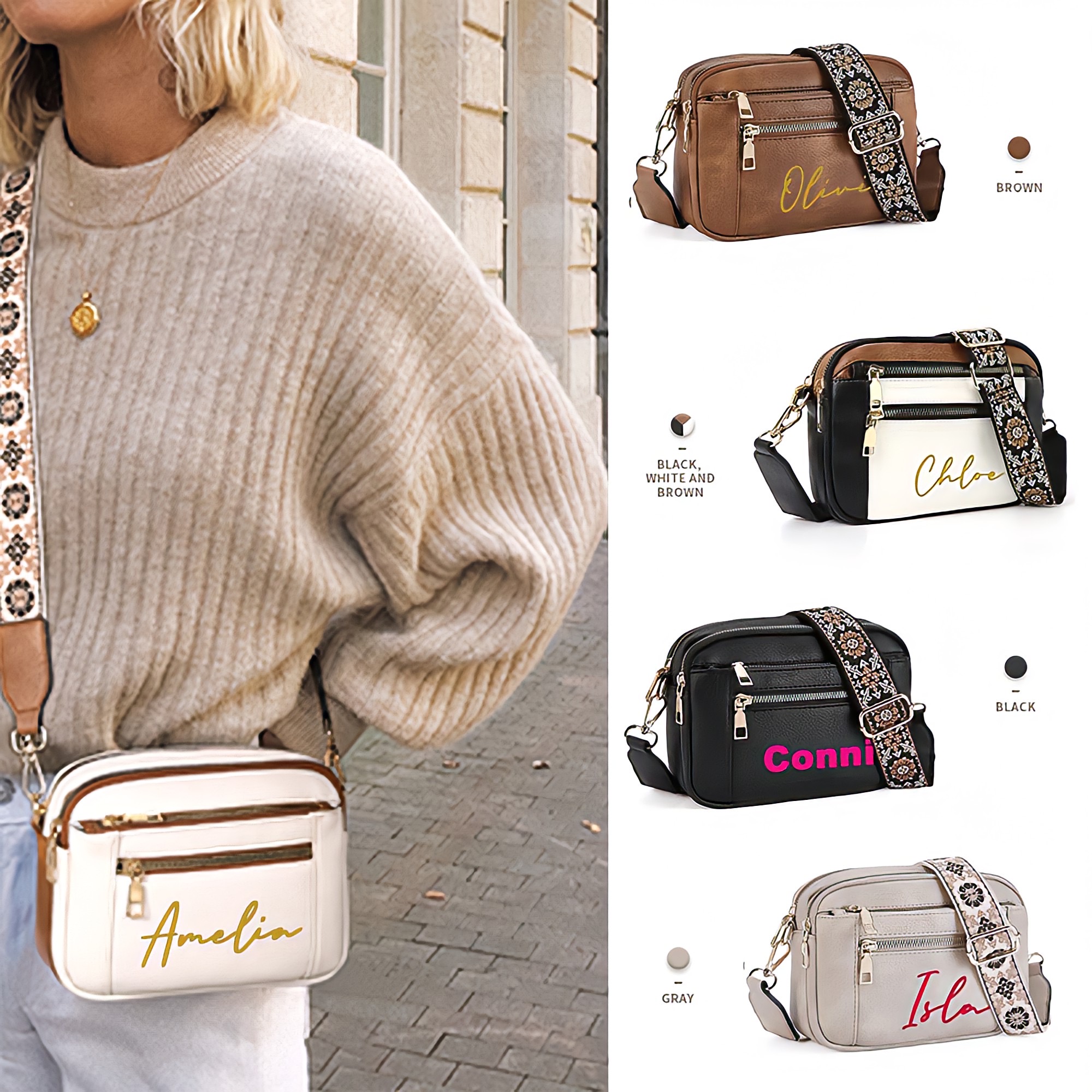 Personalized Name Leather Crossbody Bag with Colorful Straps for Unique & Love | JNSBag73