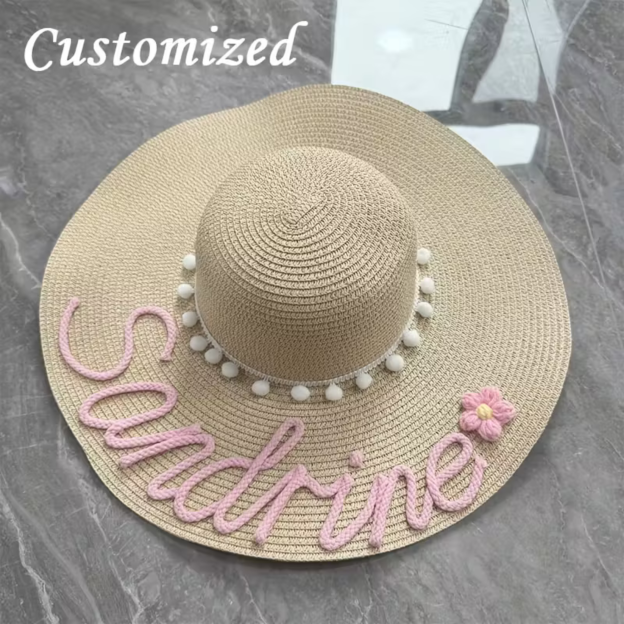 Personalized Hand Embroidered Floppy Straw Beach Hat for Unique & Love | JNSHat15