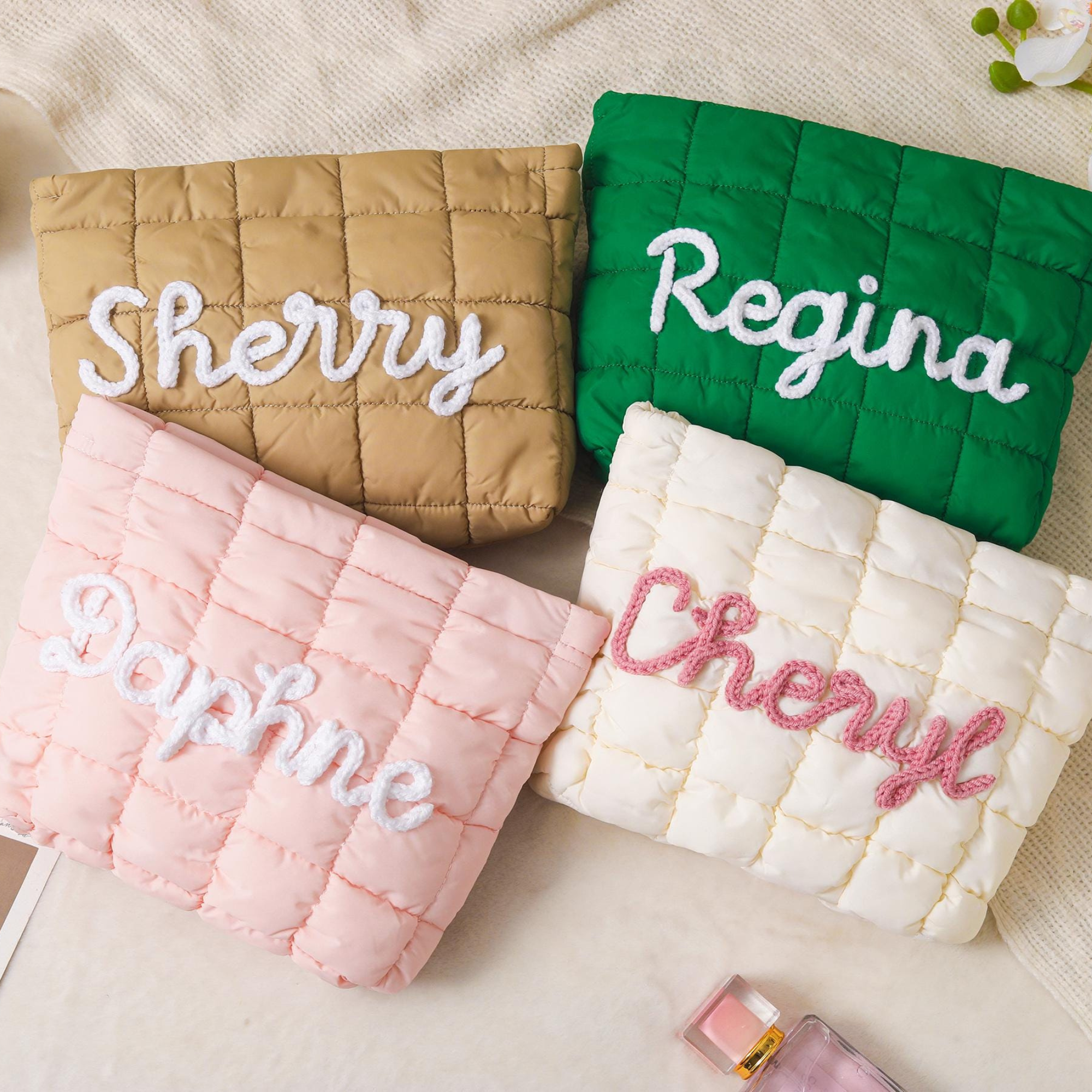 Personalized Hand Embroidered Quilted Zipper Makeup Bag for Unique & Love | JNSBag126