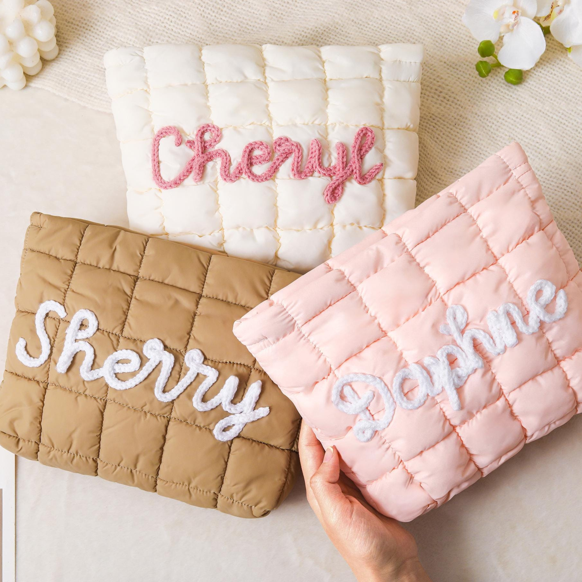 Personalized Hand Embroidered Quilted Zipper Makeup Bag for Unique & Love | JNSBag126