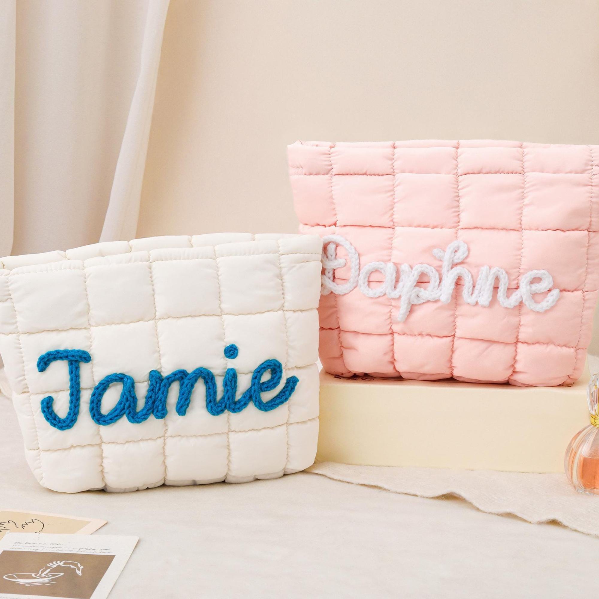 Personalized Hand Embroidered Quilted Zipper Makeup Bag for Unique & Love | JNSBag126