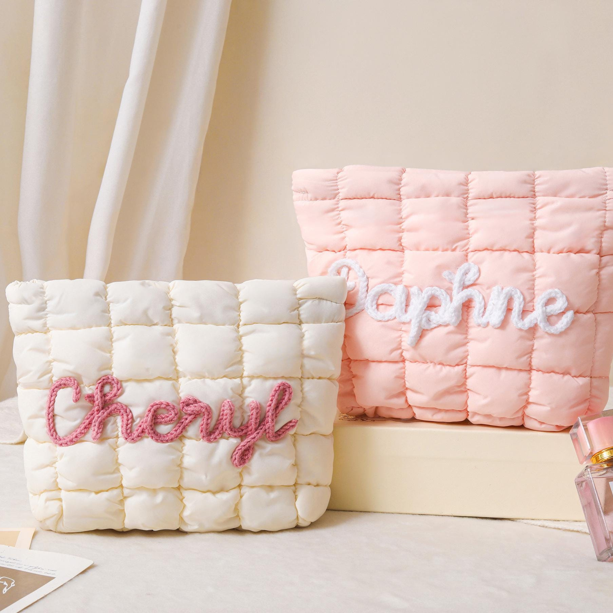 Personalized Hand Embroidered Quilted Zipper Makeup Bag for Unique & Love | JNSBag126