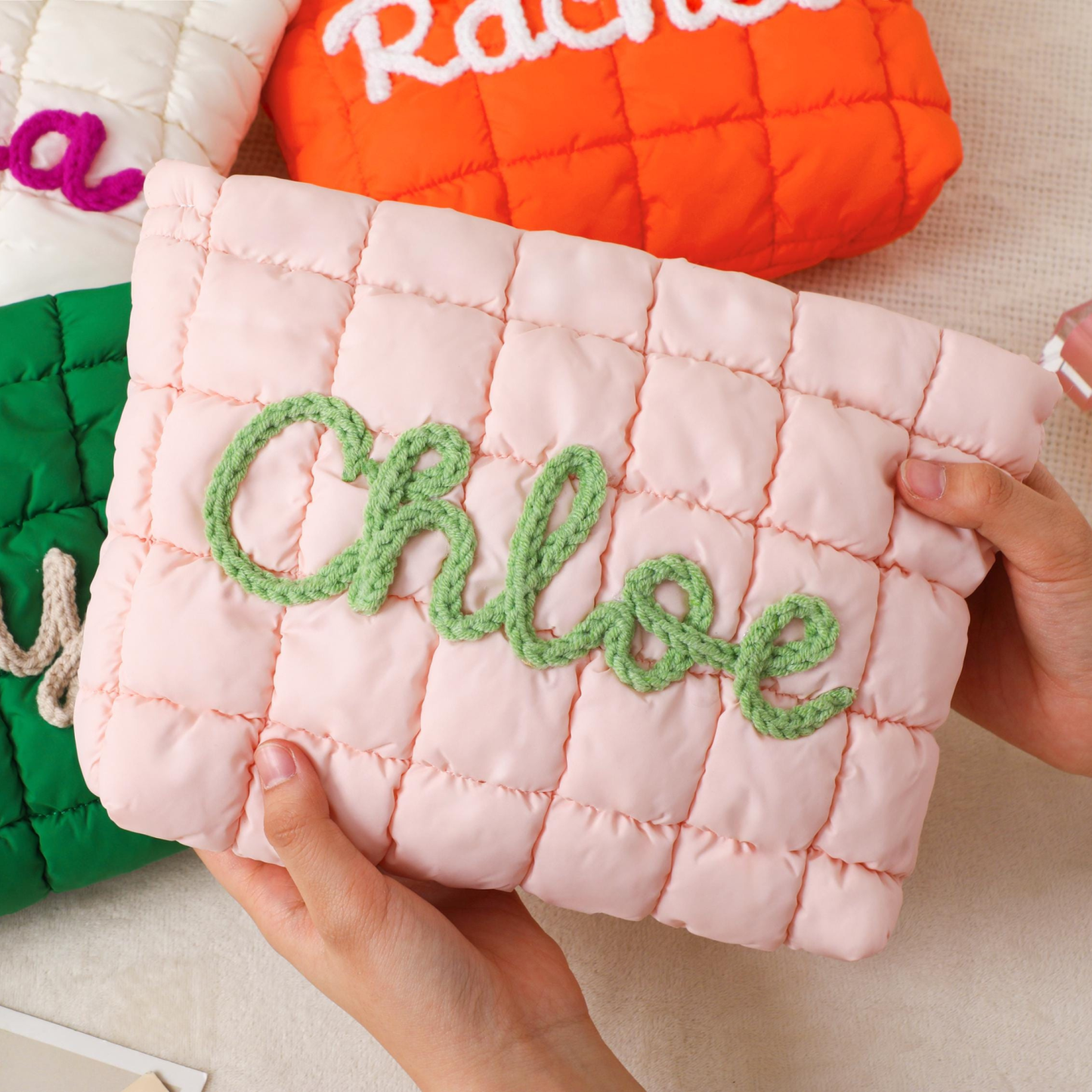 Personalized Hand Embroidered Quilted Zipper Makeup Bag for Unique & Love | JNSBag126