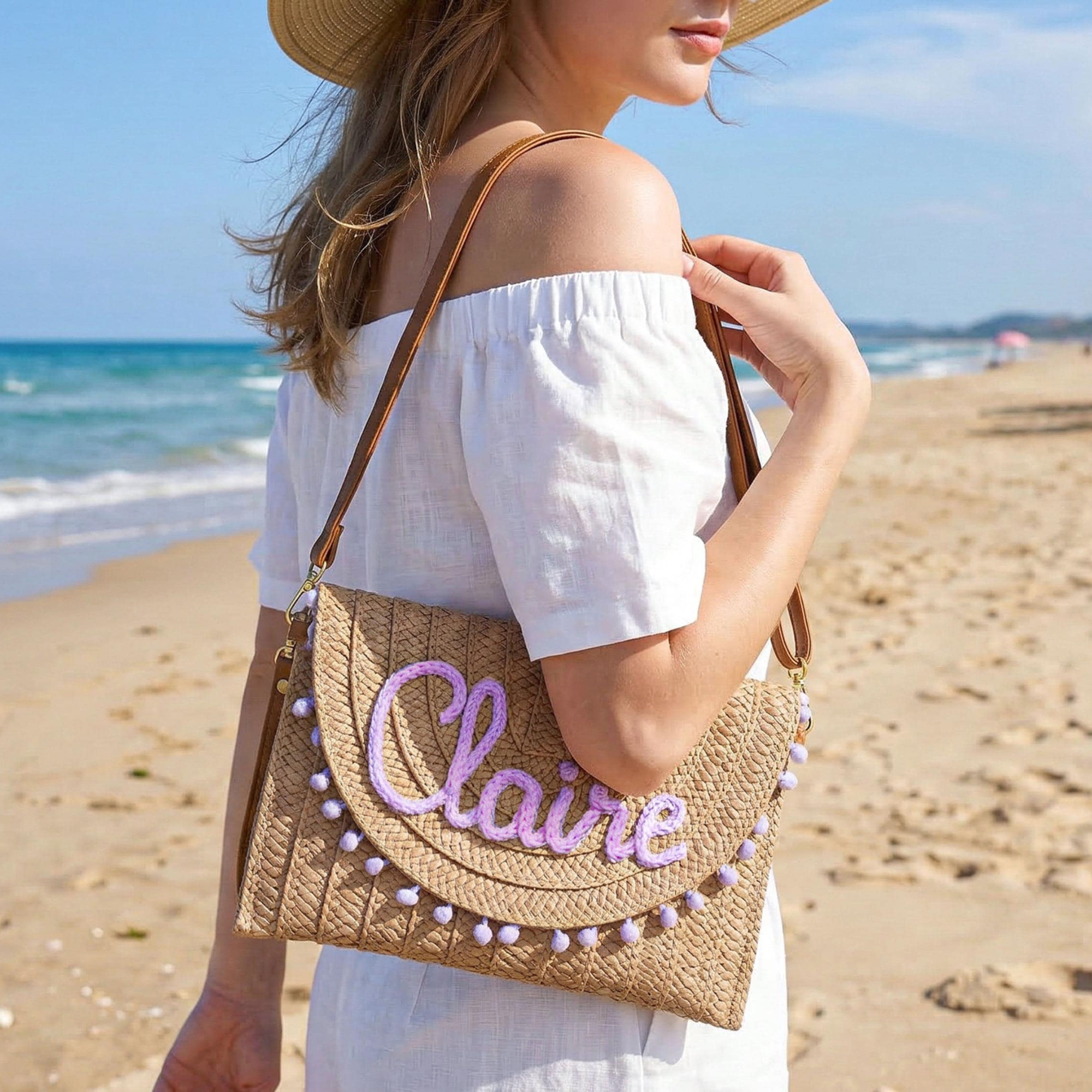 Personalized Hand Embroidered Straw Beach Tote Bag for Unique & Love | JNSBag137