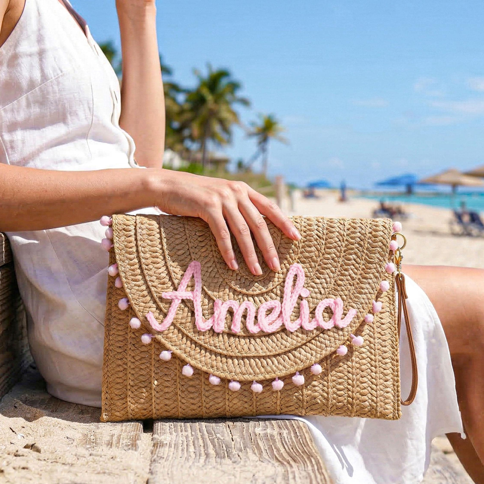 Personalized Hand Embroidered Straw Beach Tote Bag for Unique & Love | JNSBag137
