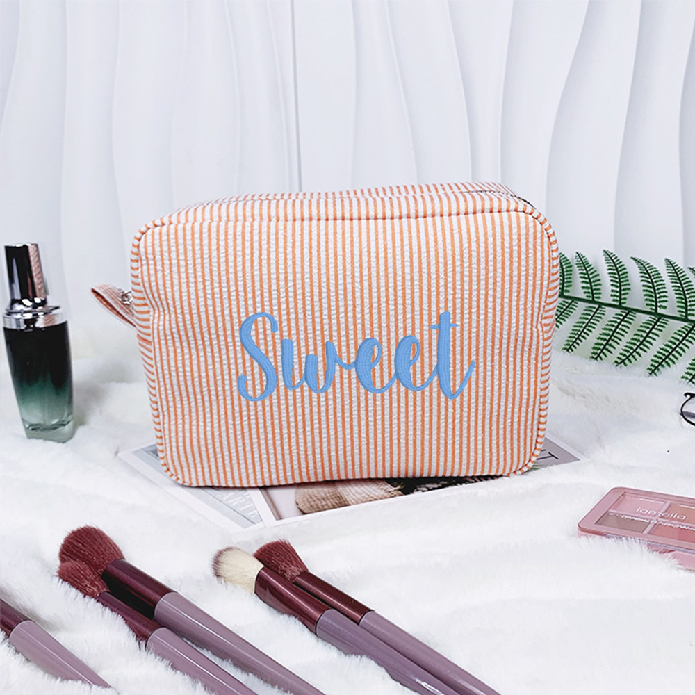 Personalized Embroidered Seersucker Cosmetic Bag | JNSBag67