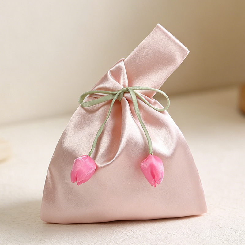 Personalized Name Embroidered Silk Knot Bag With Tulip Accent Satin Wristlet | JNSBag148