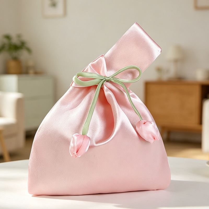 Personalized Name Embroidered Silk Knot Bag With Tulip Accent Satin Wristlet | JNSBag148