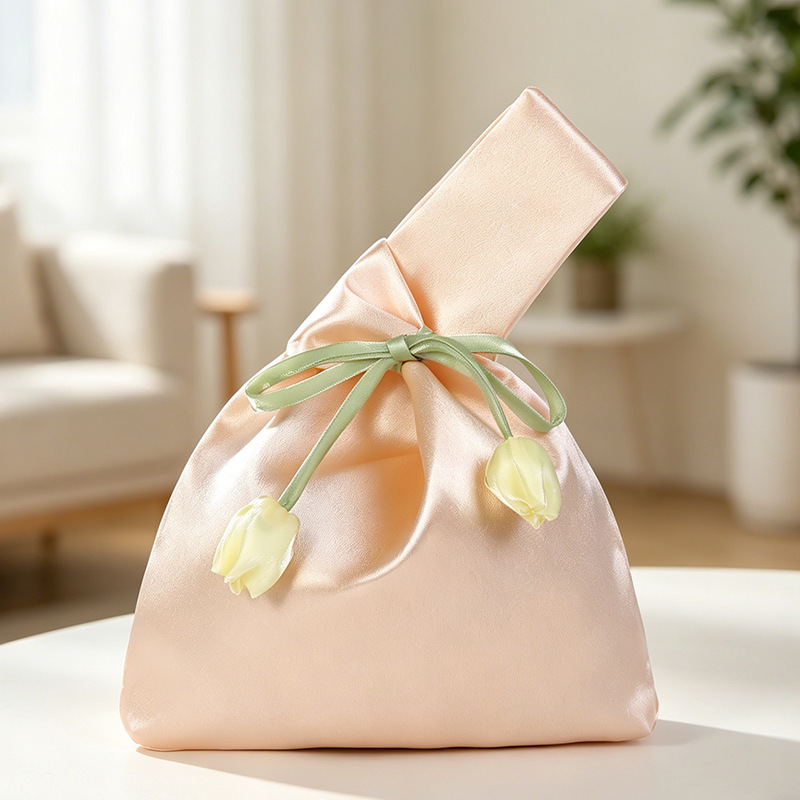 Personalized Name Embroidered Silk Knot Bag With Tulip Accent Satin Wristlet | JNSBag148