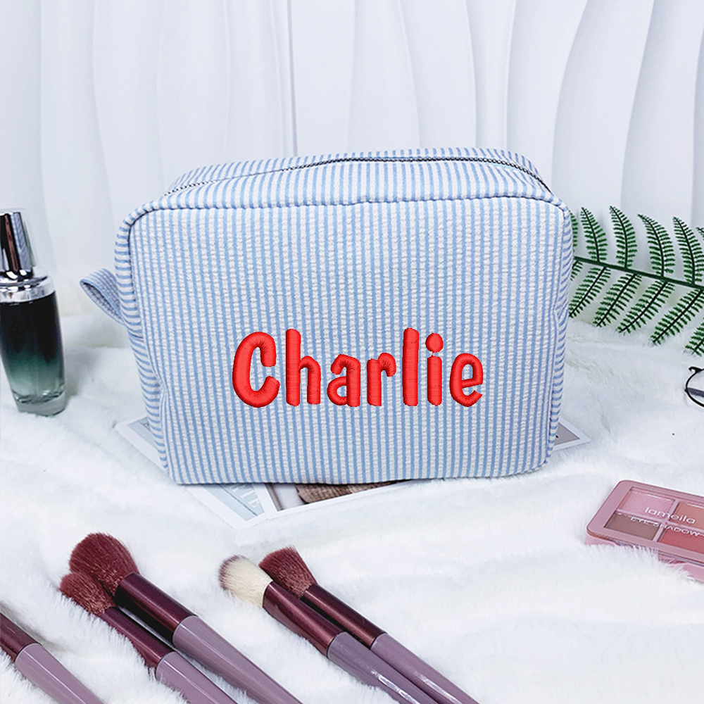 Personalized Embroidered Seersucker Cosmetic Bag | JNSBag67