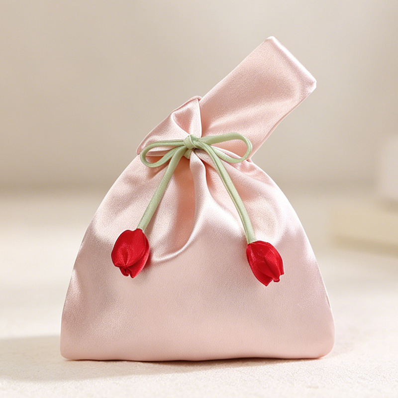 Personalized Name Embroidered Silk Knot Bag With Tulip Accent Satin Wristlet | JNSBag148