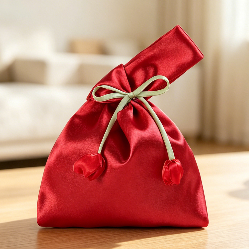 Personalized Name Embroidered Silk Knot Bag With Tulip Accent Satin Wristlet | JNSBag148
