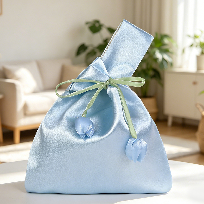 Personalized Name Embroidered Silk Knot Bag With Tulip Accent Satin Wristlet | JNSBag148