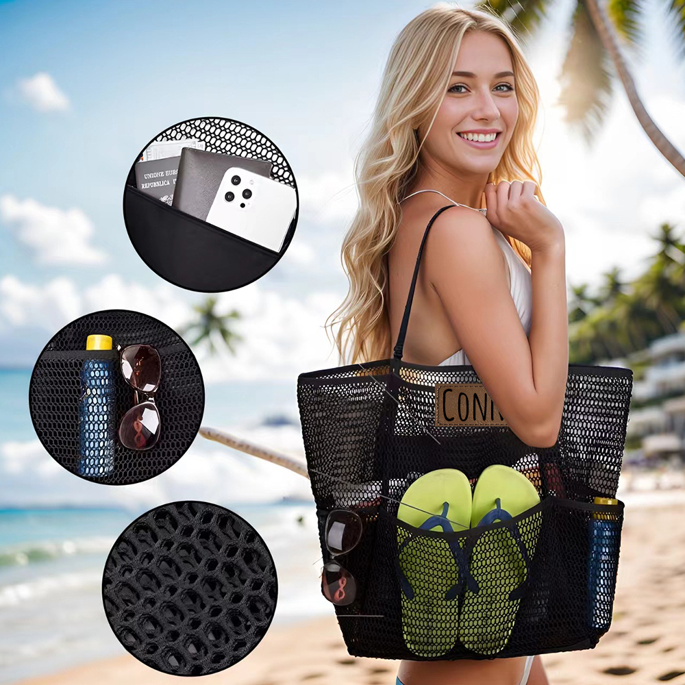 Personalized Name Mesh Beach Bag Zipper with Inner Pocket | JNSBag94