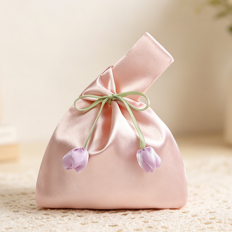 Personalized Name Embroidered Silk Knot Bag With Tulip Accent Satin Wristlet | JNSBag148