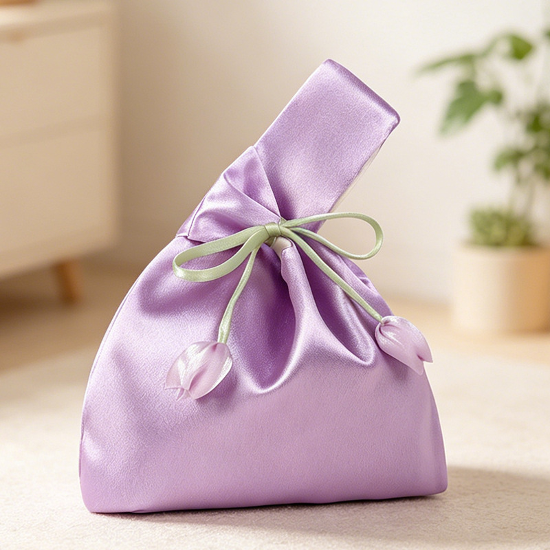 Personalized Name Embroidered Silk Knot Bag With Tulip Accent Satin Wristlet | JNSBag148