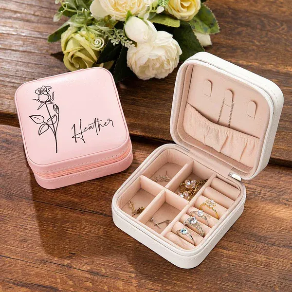 Personalized Leather Birth Flower Travel Jewelry Box for Unique & Love | JNSBag11