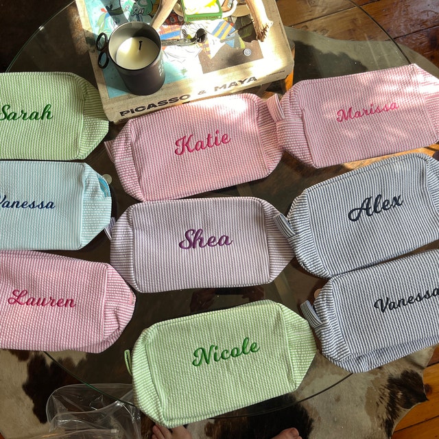 Personalized Embroidered Seersucker Cosmetic Bag | JNSBag67