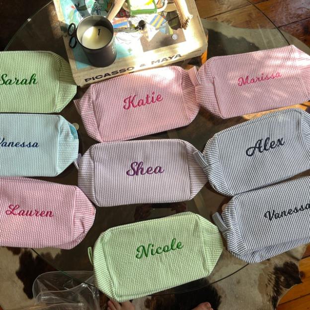 Personalized Embroidered Seersucker Cosmetic Bag | JNSBag67