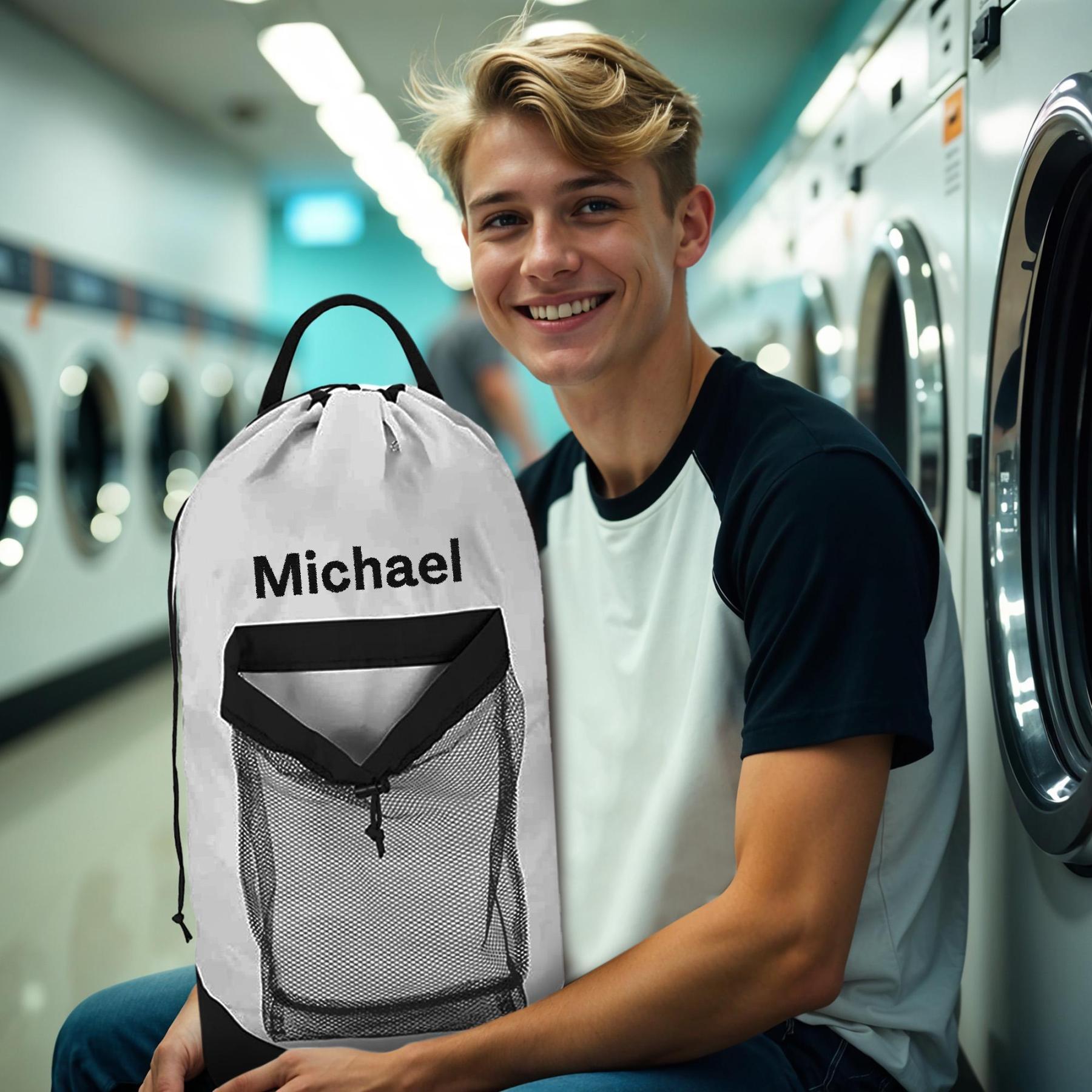 Personalized Name Embroidered Travel Laundry Bag with Shoulder Strap & Mesh Pocket | JNSBag99