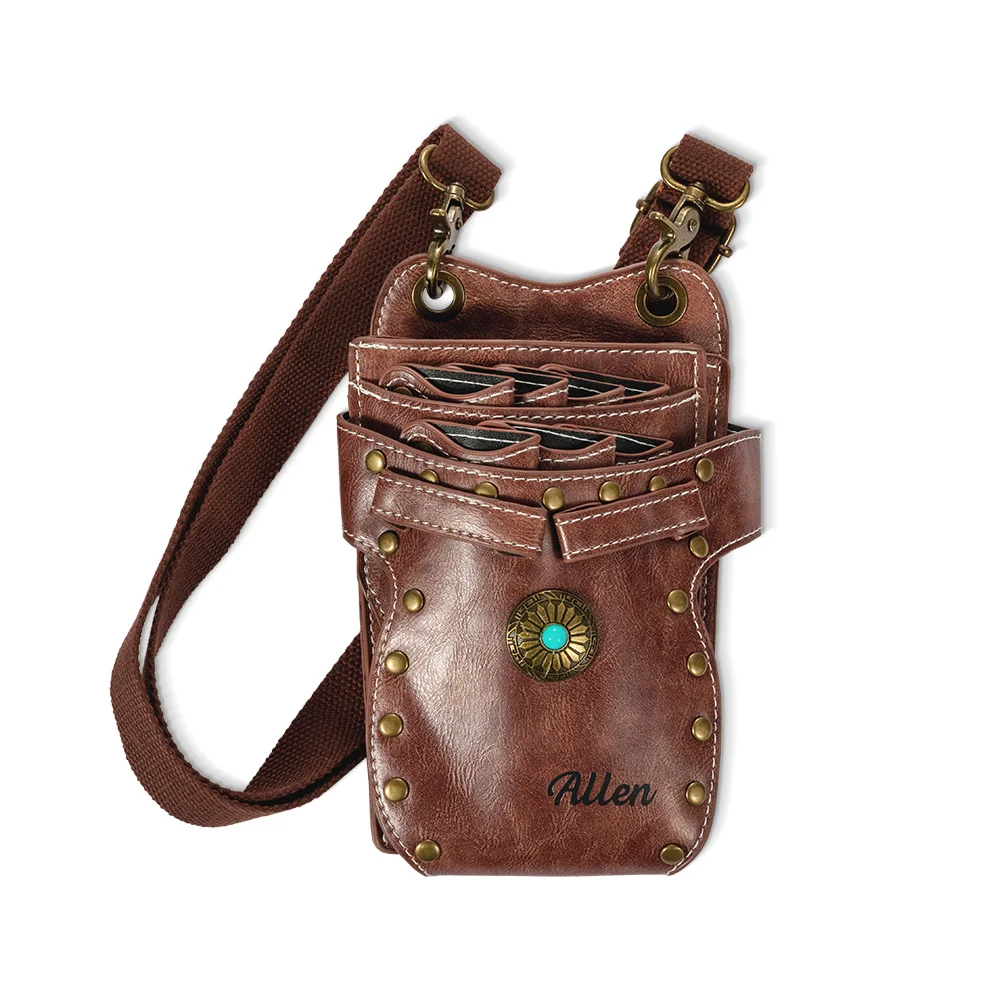 Personalized Name Multi-Compartment Leather Hairdressing Scissors Waist Bag for Unique & Love | JNSBag43