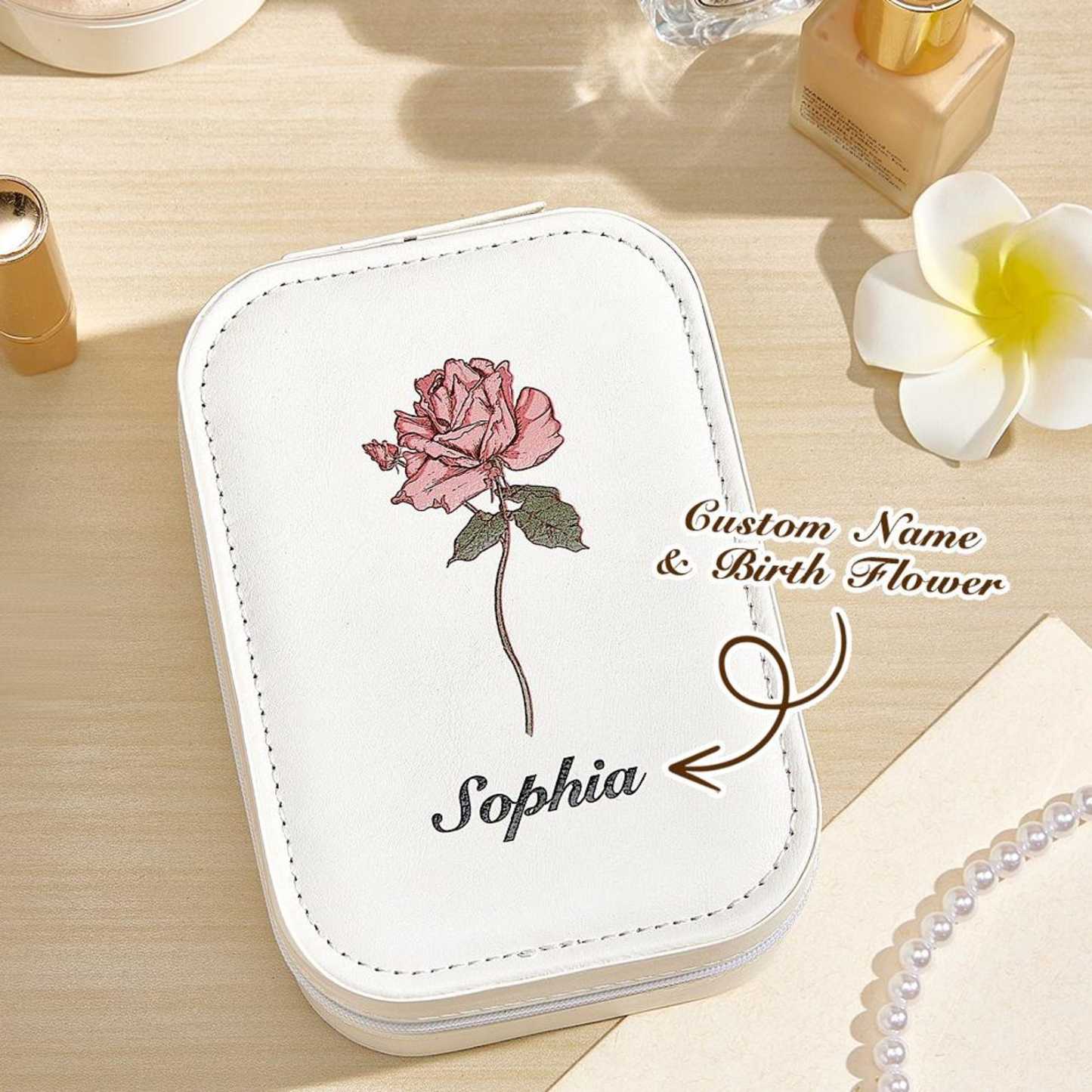 Personalized Birth Flower Leather Travel Jewelry Box with LED Makeup Mirror | JNSBag76