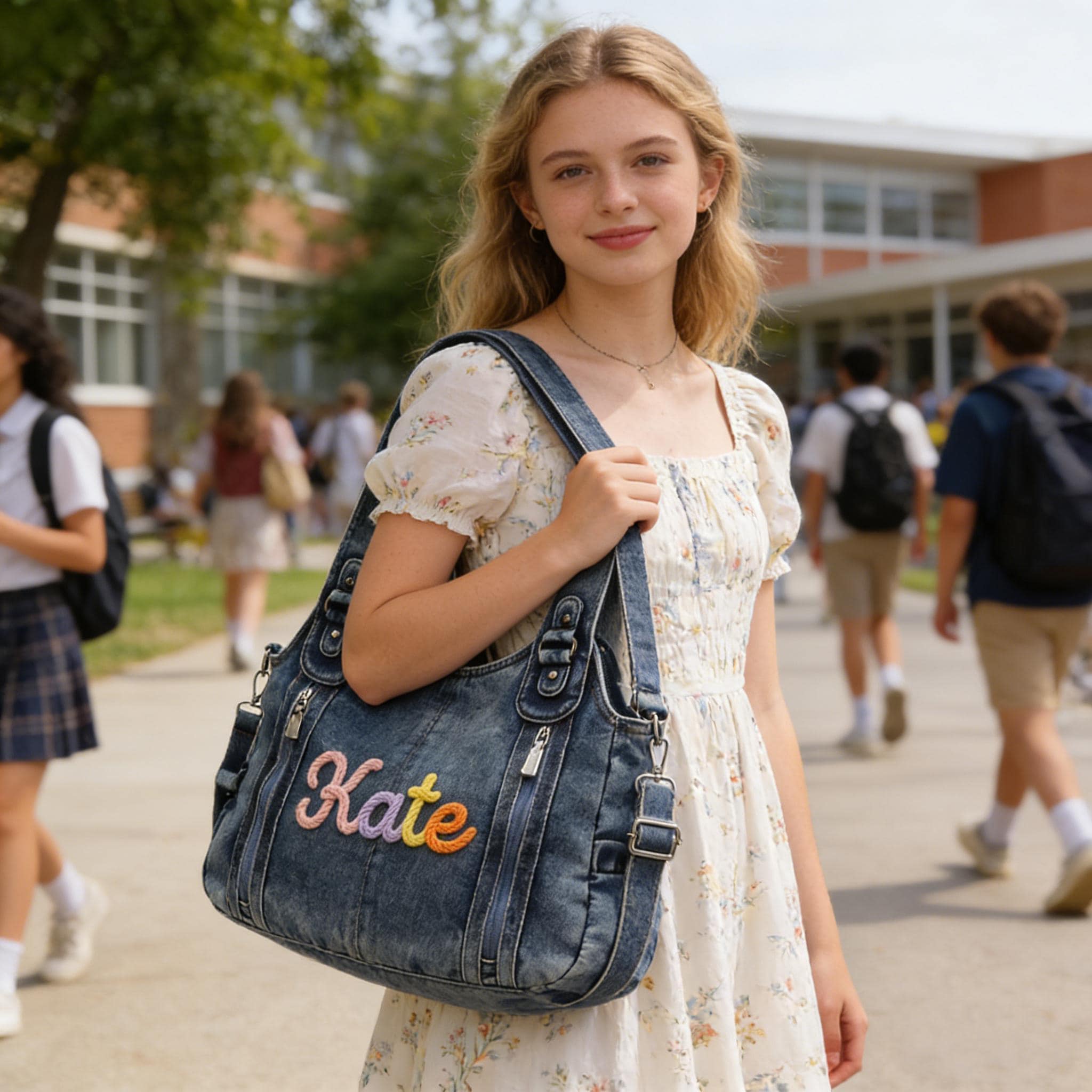 Personalized Hand Embroidered Retro Denim Tote Bag  for Unique & Love | JNSBag144