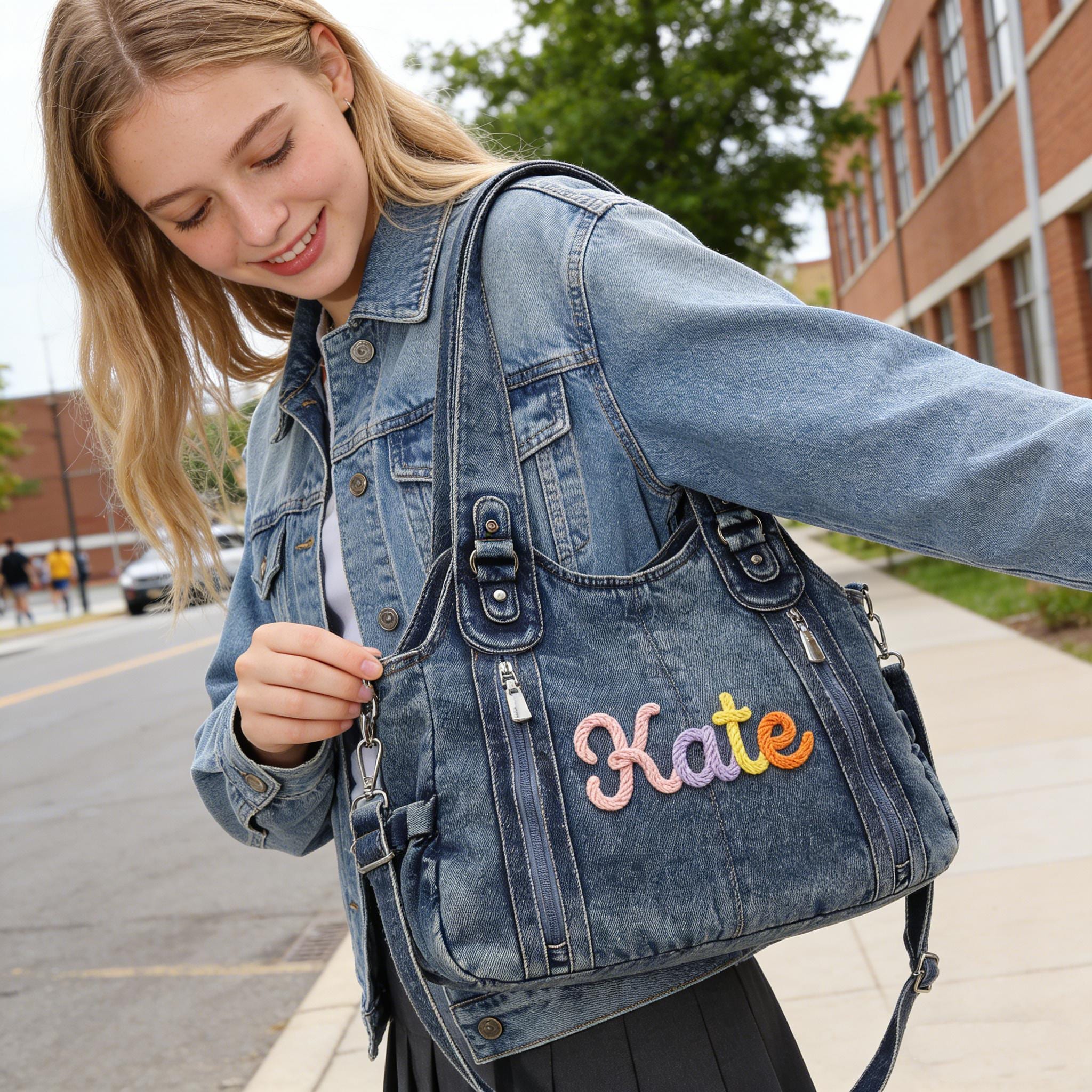 Personalized Hand Embroidered Retro Denim Tote Bag  for Unique & Love | JNSBag144