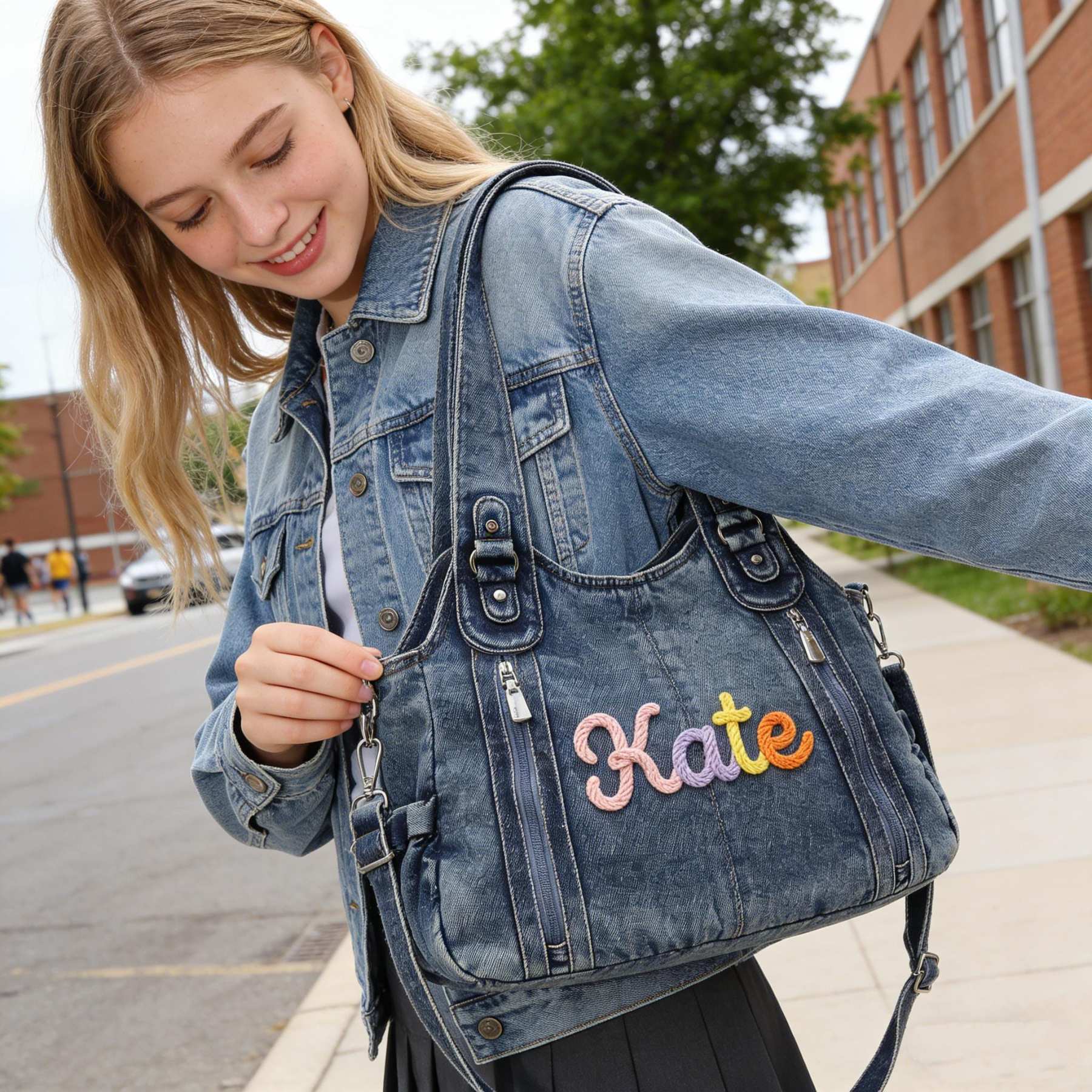 Personalized Hand Embroidered Retro Denim Tote Bag  for Unique & Love | JNSBag144