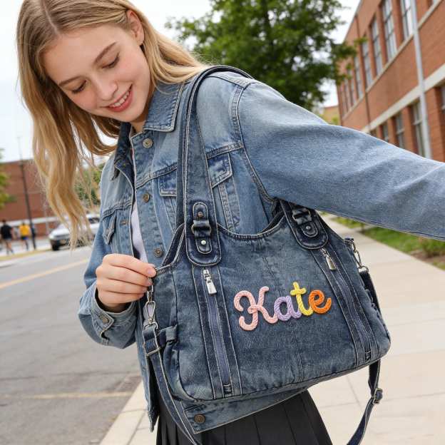 Personalized Hand Embroidered Retro Denim Tote Bag  for Unique & Love | JNSBag144