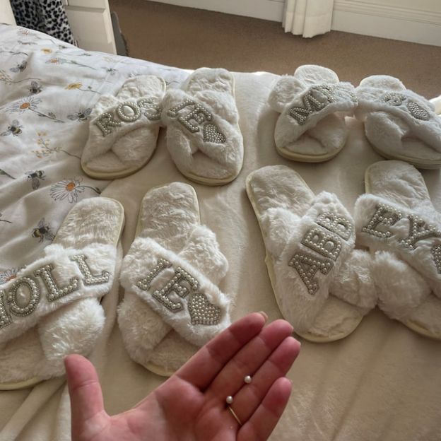 Personalized Bride Gift Pearls Rhinestone Fluffy Slippers for Unique & Love | JNSCloth10