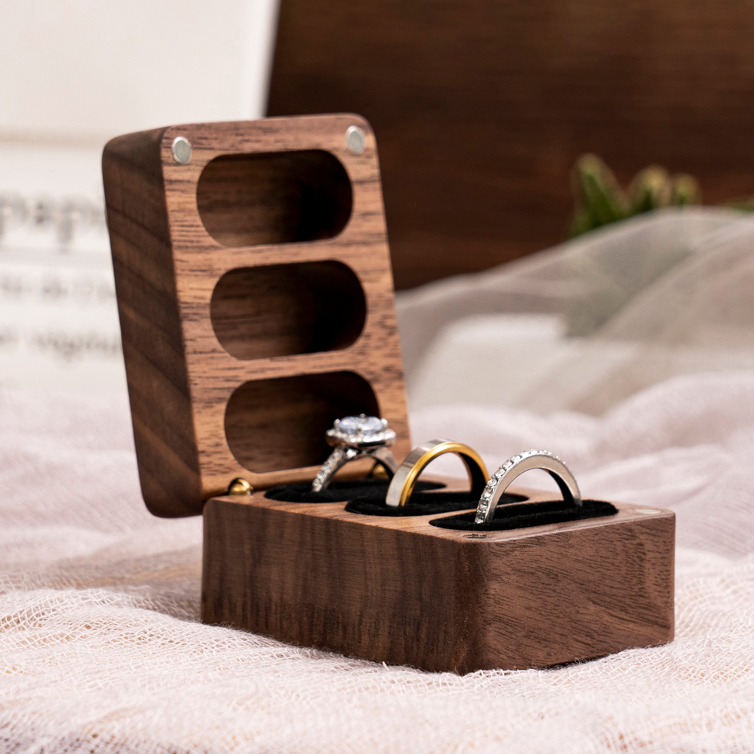 Personalized Triple Slots Wedding Ring Box for Unique & Love | JNSDec39