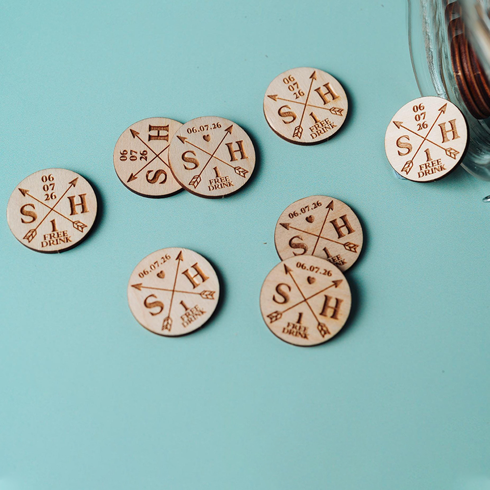 Personalized Wooden Drink Tokens for Wedding & Parties | JNSDec139