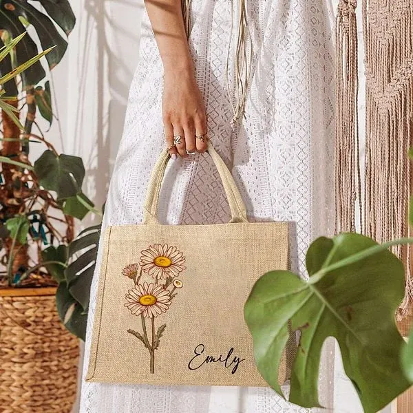 Personalized Birth Flower Beach Jute Tote Bag with Name for Unique & Love | JNSBag26
