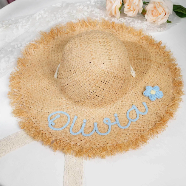 Personalized Hand Embroidered Straw Floppy Sun Hat for Unique & Love | JNSHat13