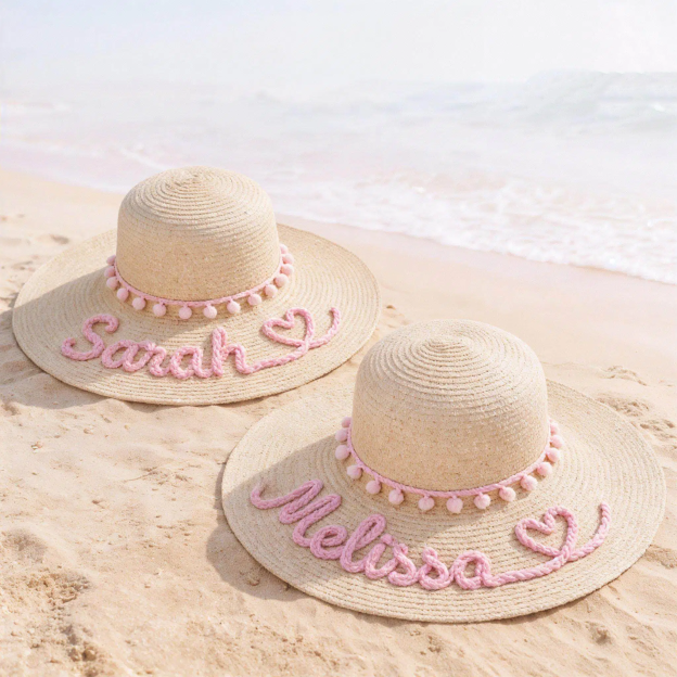 Personalized Hand Embroidered Floppy Straw Beach Hat for Unique & Love | JNSHat15