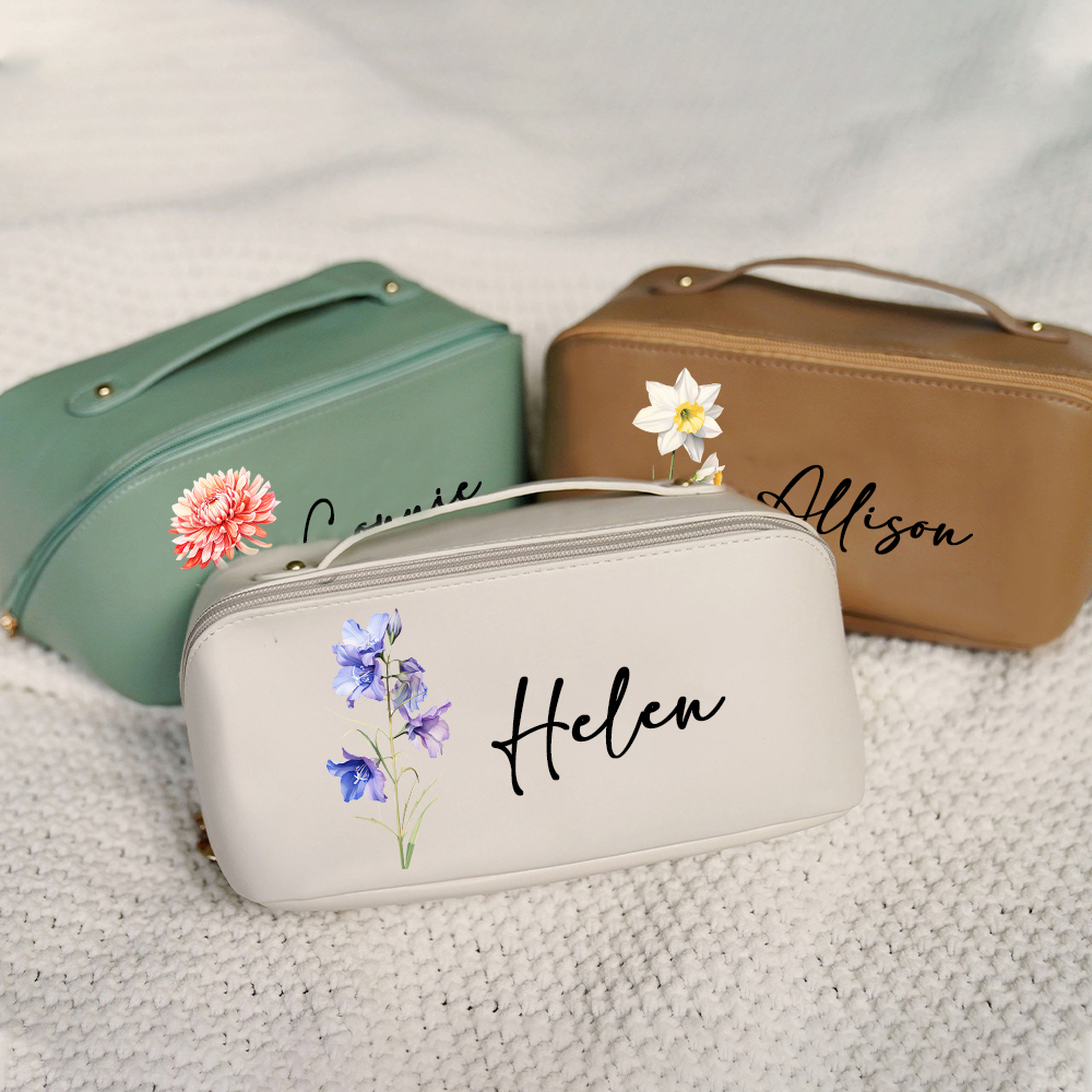 Personalized Birth Flower Leather Makeup Bag for Unique & Love | JNSBag88