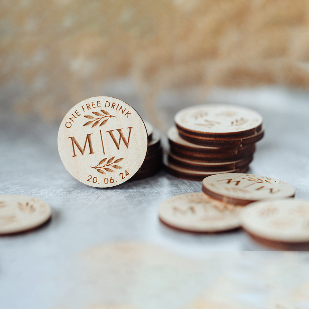 Personalized Wooden Drink Tokens for Wedding & Parties | JNSDec139