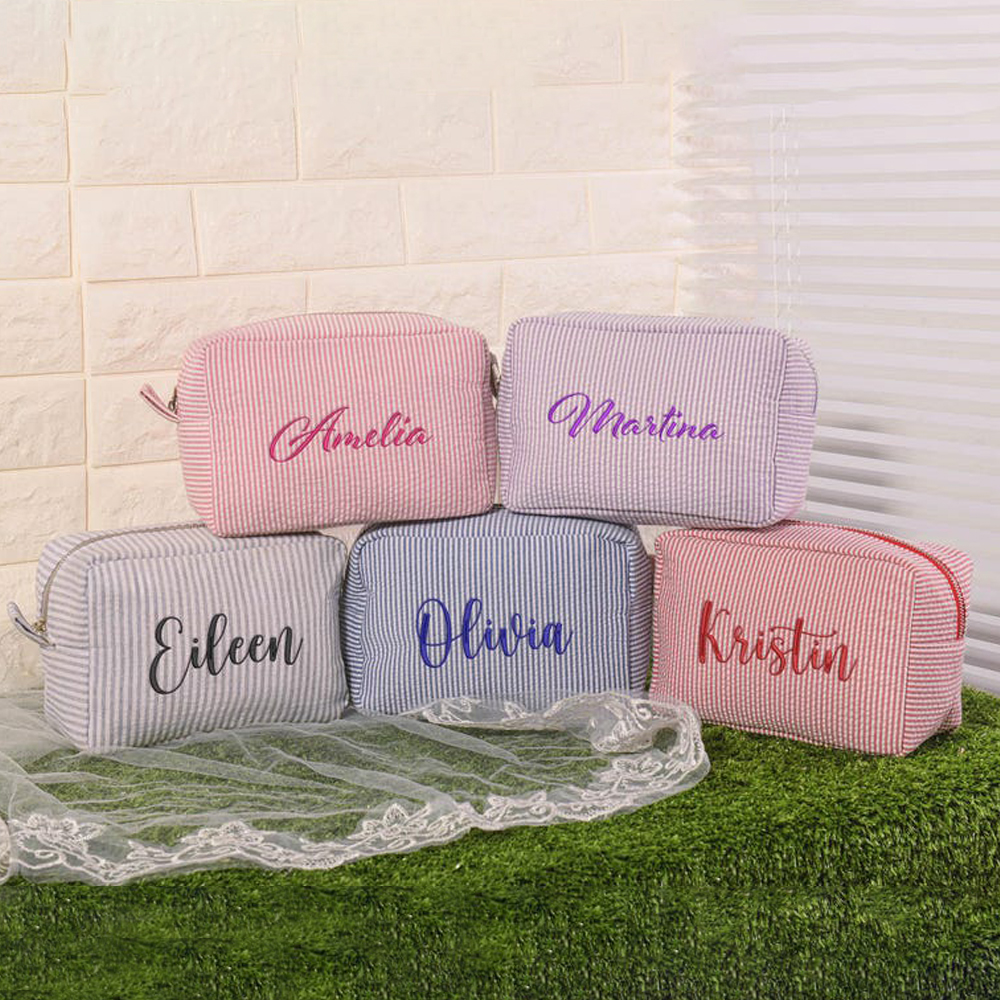 Personalized Embroidered Seersucker Cosmetic Bag | JNSBag67